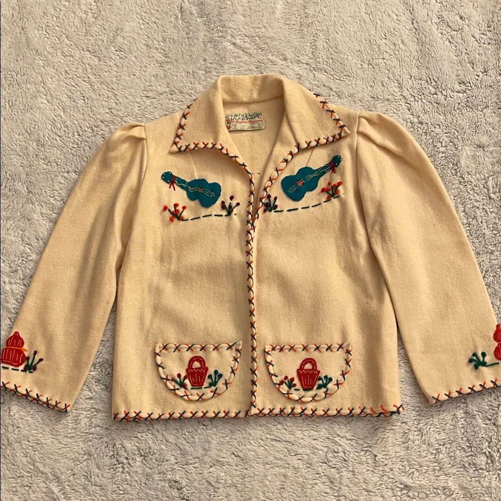 Vintage kids Handcrafted Embroidered Cream Jacket with Colorful Accents